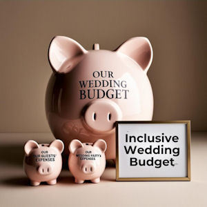 Three pale pink piggy banks labelled Our
Wedding Budget, Our Guests' Expenses, and Our
Wedding Party's Expenses, with a framed sign that
reads Inclusive Wedding Budget.