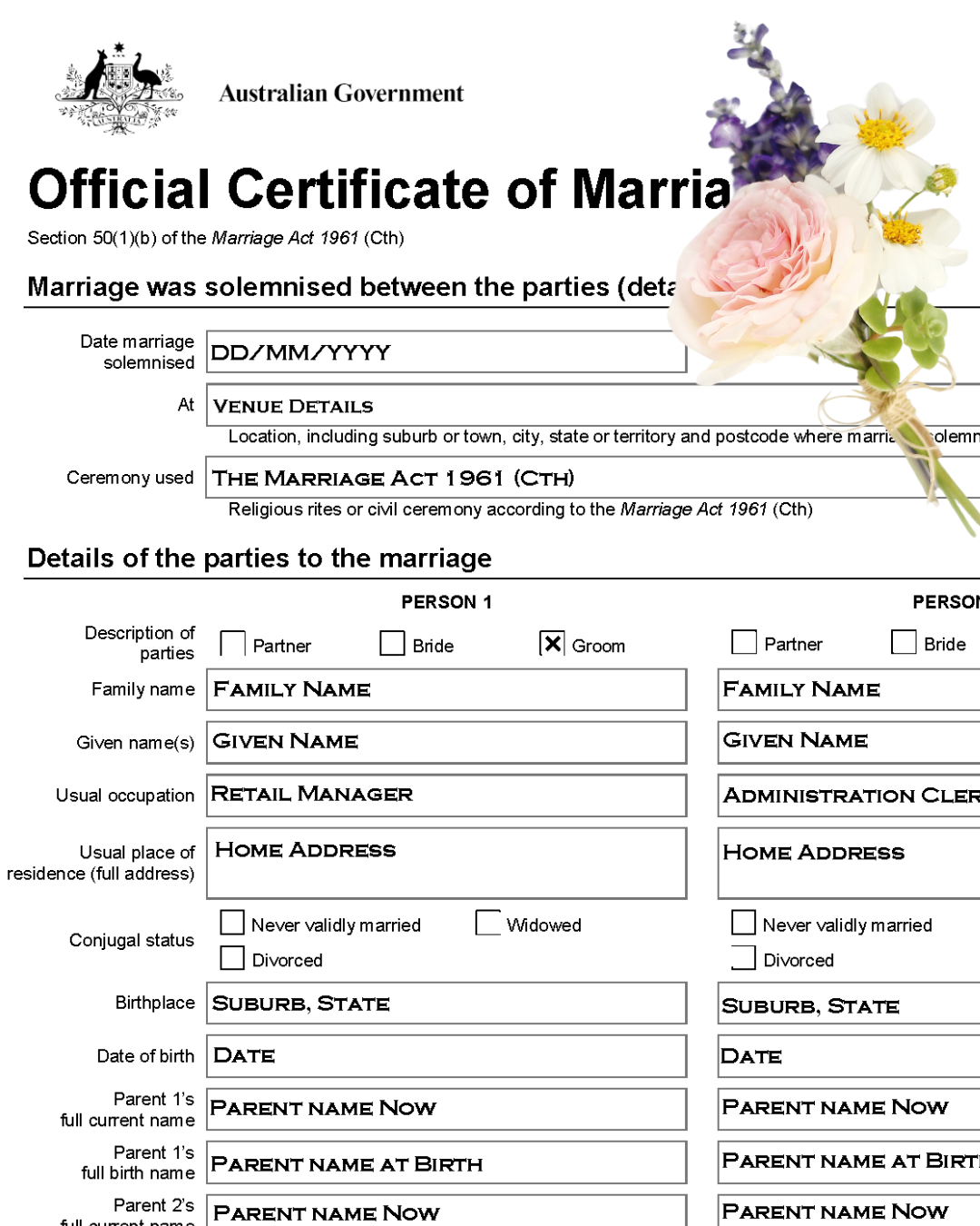 An image of part of an Official
Certificate of Marriage Document that couples
sign on the day of their marriage.