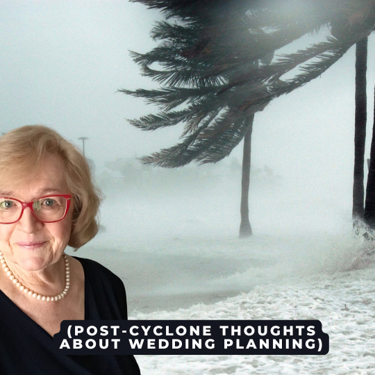 Cyclonic weather -
                      trees blowing and a surge of seawater - as a
                      backdrop to a photo of Jennifer Cram, The
                      Inclusive Marriage Celebrant. Jennifer is wearing
                      red framed eyeglasses and a navy blue top