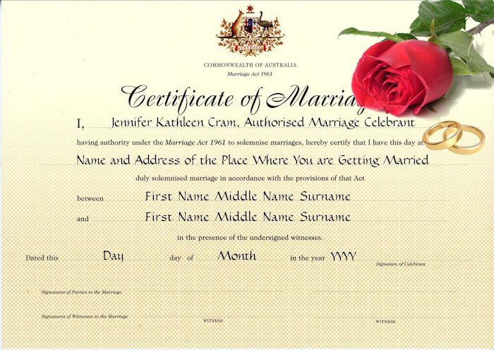 Form 15
Marriage Certificate with a red rose and a pair of
gold wedding rings lying on the top right hand
corner