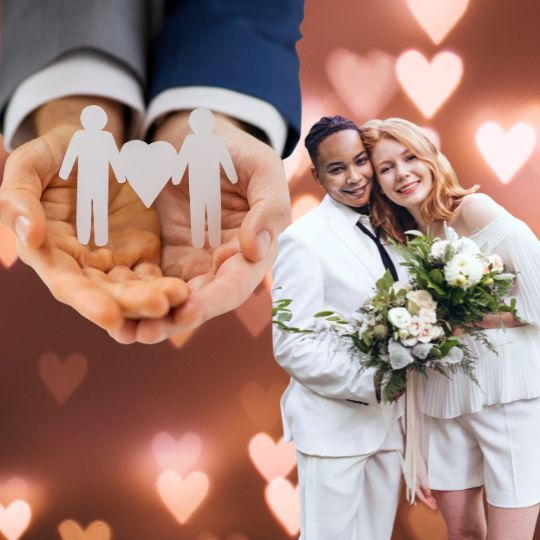 Male hands
holding a paper cut of two grooms joined by a
heart; a female couple in wedding finery, one
wearing a suit, the other in feminine clothing;
against a background of illuminated hearts