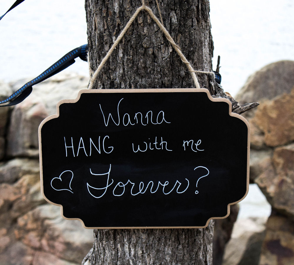 Chalkboard with "Wanna hang with me
forever" written on it, hanging on a tree.