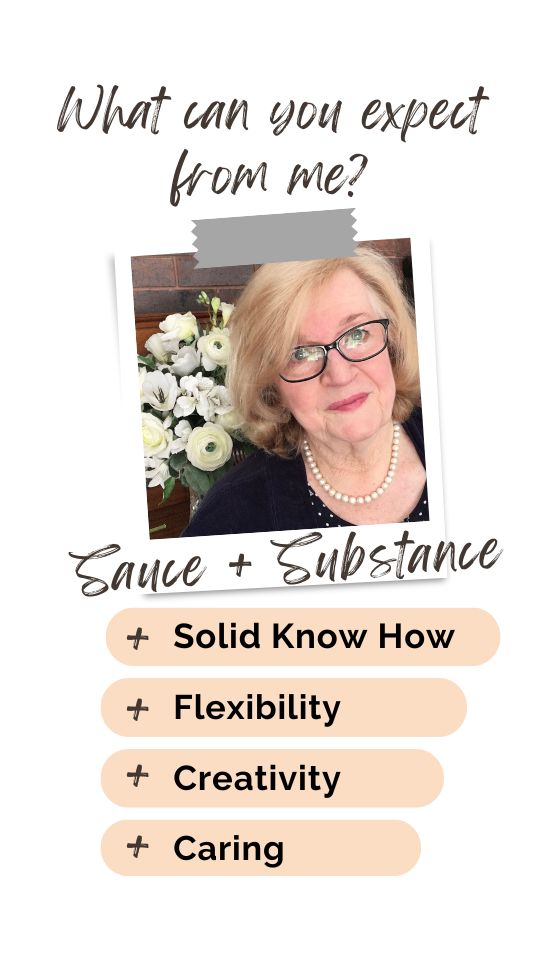 What can you expect from me? Photo of Jennifer
                  Cram Inclusive Brisbane Marriage Celebrant. Text:
                  Sauce + Substance + Solid Know How + Flexibility +
                  Creativity + Caring